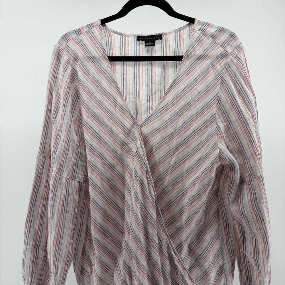 Sanctuary Top Womens Size XL Multicolor Striped Linen Blend Wrap Blouse S001